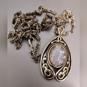 Vintage Signed Miracle Celtic Art Nouveau style necklace with a Faux Fire opal